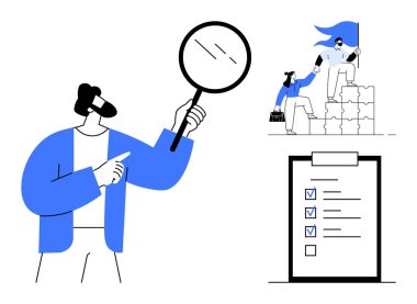 Büyüteçle analiz eden kişi, işaretli görevlerle kontrol listesi ve hedefler üzerinde işbirliği yapan meslektaşlar. Liderlik, planlama, organizasyon, üretkenlik, işbirliği ve başarı için ideal