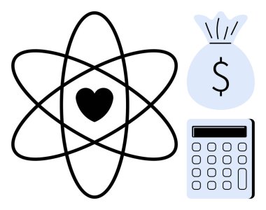 Merkezinde kalp, mavi para çantası ve hesap makinesi olan atomik yapı. Basit bir düz metaforda bilim, aşk, finans, yenilik, yaratıcılık, sürdürülebilirlik eğitimi için idealdir.