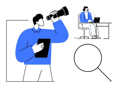 Veri analiz konsepti. Bilgi toplamak için bir dizüstü bilgisayar ve dürbün kullanan bireyler aracılığıyla veri analizi yapılır. İş dünyası, eğitim, araştırma, takım çalışması, eğilimler için veri analizi