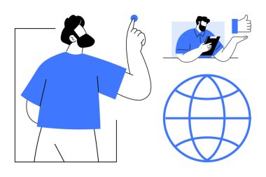 Adam düğmesine basıyor, başka bir tablet üzerinde çalışıyor, başparmak ikonu yanında, küresel iletişimi sembolize eden küre. Teknoloji, yenilik, takım çalışması, ağ oluşturma, bağlantı, dijital pazarlama için ideal