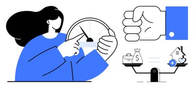 Finansal karar verme. Kavramsal sanat çalışmaları finansal kararlar, bütçe yönetimi ve yaşam dengesi. Finansal öncelikler, gelir kullanımı ve hedef belirleme araştırıldı. Planlama için görsel