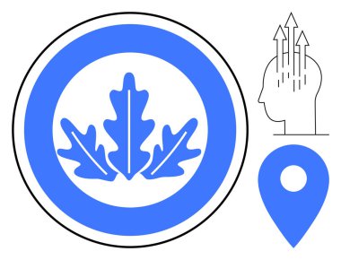 Büyüme konsepti. Başında oklar, mavi yaprak amblemi ve lokasyon iğnesiyle büyümüş. İlerleme, yaratıcılık, konum, gelişme ve yeniliğe bağlı büyüme