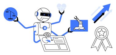 Birden fazla kolu olan robot pulları, tasarımı, robotik kolu ve kalbi, yukarı doğru ok ve kurdeleyle çevrili. Teknoloji, yapay zeka, otomasyon yeniliği, veri etiği gelişimi için ideal. Basit.