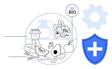 Çeşitli organik meyve ve sebzelerin yanı sıra biyolojik etiket, sağlık haçlı kalkan ve teçhizat. Beslenme, sağlık, organik tarım, sağlık, sürdürülebilirlik, diyet planlaması için idealdir.