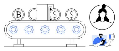 Para birimi simgeleri, kullanıcı profilleri ve akıllı telefon etkileşimi üreten çarklı otomatik taşıyıcı. Finans, otomasyon, kripto para birimi, teknoloji, yenilikçi kullanıcı geribildirim teknolojisi için idealdir. Basit.