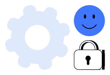 Güvenlik kavramı. Güvenlik elemanları asma kilit ve dişli veri koruması, kullanıcı memnuniyeti ve sistem performansını onaylıyor. Uygulamalar için güvenlik, çevrimiçi platformlar, kullanıcı deneyimi ve işlemler