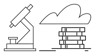 Bulut anahatları altında istiflenmiş veri sunucularının yanında mikroskop. Bilim, araştırma, bulut hesaplama, veri depolama, yenilik, teknoloji, akademik uygulamalar için idealdir. Basit düz metafor
