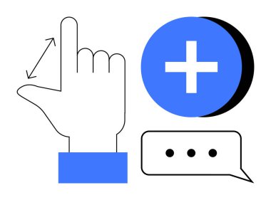 İletişim konsepti. El hareketleriyle iletişim, artı sembol ve sohbet baloncuğuyla. İletişim araçları teknoloji ve etkileşim. Teknoloji, UX tasarımı, uygulamalar, insan arayüzleri takım çalışması için