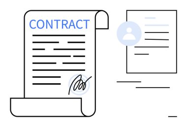 Bir kullanıcı profili belge simgesinin yanında imzalı kağıt sözleşmesi ve sözleşme metni. Yasal süreçler, iş anlaşmaları, dijital kimlik, belgeler, uyum için ideal