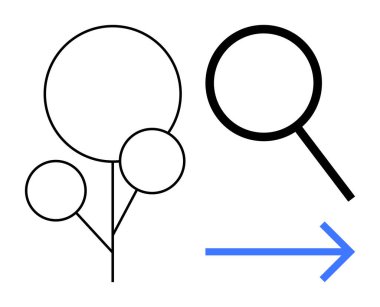 Minimalist ağaç diyagramı büyüteç ve mavi oka dönüşüyor. Büyüme, araştırma, ilerleme, keşif, odaklanma değişimi, yenilik ve yön için ideal. Basit düz metafor