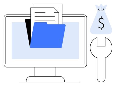 Bir bilgisayar ekranında dijital dosya klasörü, dolar çantası ve finansal işlemleri, veri yönetimini ve teknolojiyi görselleştiren anahtar. Finans, veri güvenliği, dijital araçlar, bulut depolama için ideal