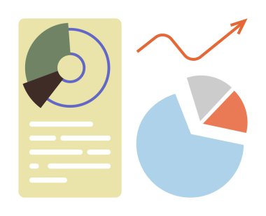 Yuvarlak çizelge, pasta grafiği ve yukarı doğru ok grafiği veri analizini, iş büyümesini ve istatistikleri belirtir. Strateji, pazarlama, finans, ilerleme performans araştırması için ideal