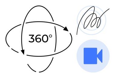360 derecelik metin etrafında dairesel oklar, dijital video ikonu ve dönen imza. Yenilik için ideal, dijital iletişim, sanal deneyim, yapay zeka, teknik keşif, yaratıcılık için basit düz