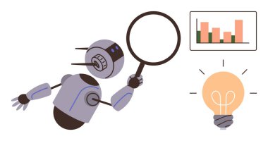 Robot veri tablosunu inceliyor ve büyüteçle parlayan ampulü inceliyor. Araştırma, yenilik, yapay zeka, problem çözme, analitik, teknoloji ve eğitim için ideal. Basit düz metafor