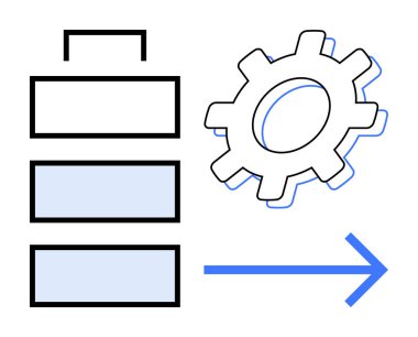 Güç verimliliğini, iş akışı otomasyonunu ve üretkenliği temsil eden minimalist pil ikonu, vites ve ok. Teknoloji, sürdürülebilirlik, yenilik, ilerleme üretim yönetimi için ideal