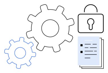 Vites dişlileri süreçleri temsil eder, kilit veri korumasını gösterir ve belgeler bilgi işleme anlamına gelir. Güvenlik, iş akışı, veri yönetimi, mahremiyet, otomasyon, organizasyon işi için ideal