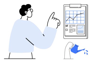 İnsan bitki sularken artan analitik grafiğini gözlemler. Büyüme, analitik, yetiştirme, veri izleme, geliştirme, iş stratejisi ve başarı için idealdir. Basit düz metafor