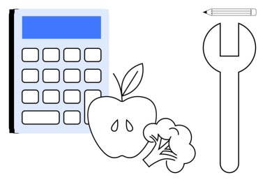 Hesap makinesi, meyve, sebze, kalem ve üretkenliği, sağlığı, araçları, eğitimi sağlıklı yaşam tarzı dengesini ve beceriyi sembolize eden bir anahtar. Sağlıklı yaşam-iş dengesi için ideal