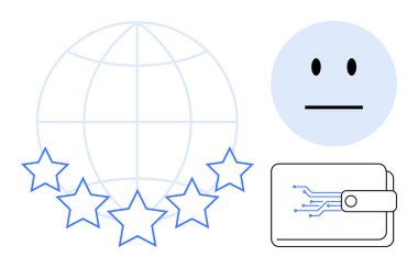 Küresel reyting cüzdanını çevreleyen yıldızlar dijital para birimini sembolize eder. Tarafsız yüz çevrimiçi güveni temsil ediyor. Fintech, Güven, yenilik, internet, ödemeler, incelemeler için ideal