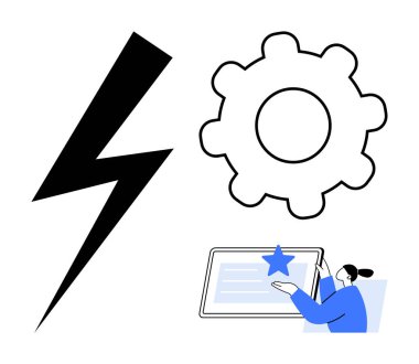 Siyah yıldırım, basit vites simgesi ve içinde yıldız olan tabletli biri. Yenilik, teknoloji, verimlilik, güç, yaratıcılık dijital araçlar ve üretkenlik kavramları için idealdir. Temiz daire