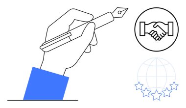 İş konsepti. İş tokalaşması ve küresel derecelendirme ikonları profesyonellik ve kalite. İş fikirleri arasında ortaklıklar, anlaşmalar, mükemmeliyet ve mesleki standartlar yer alıyor.