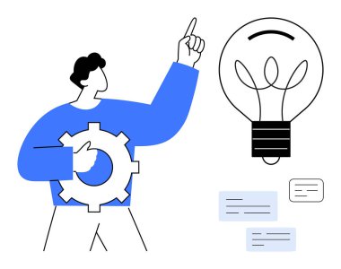 Elinde vites tutan bir adam yüzen diyalog kutularıyla büyük bir ampulü işaret ediyor. Yenilik, yaratıcılık, takım çalışması, problem çözme, beyin fırtınası, fikirler ve optimizasyon için ideal. Asgari