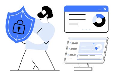 Kalkanı ve kilidi olan adam, gösterge paneli ve analitik grafiğinin yanında duran güvenliği vurguluyor. Siber güvenlik, veri koruması, gizlilik, analitik, teknoloji, güvenlik, basit bir daire için ideal