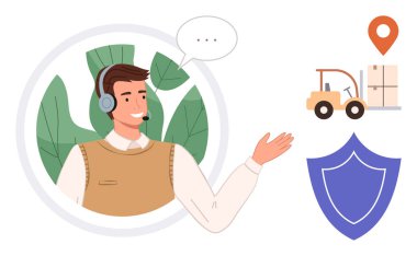 Dağıtım kamyonuna, pakete, kalkanına ve lokasyon pimine yönelik jestleri olan bir erkek destek ajanı. Lojistik, müşteri hizmetleri, dağıtım, koruma ve iletişim güvenilirliği için ideal