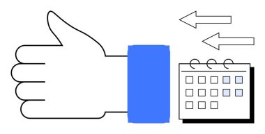 Takvim ve okların yanında, onayı, zamanlamayı ya da zaman yönetimini temsil eden bir el. Planlama, onay, geri bildirim, iş akışı, organizasyon verimliliği için ideal basit düz metafor