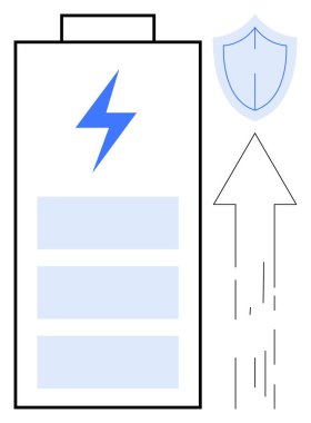 Şarj ikonuna sahip büyük batarya, güvenlik kalkanı ve ilerlemeyi gösteren yukarı doğru ok. Teknoloji, enerji verimliliği, yenilenebilir güç, güvenlik, yenilik, performans sade düz