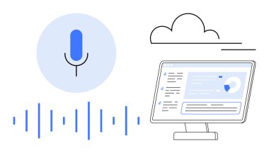 Ses dalgası görselleri olan bir mikrofon simgesi ve grafikleri gösteren bir dijital monitör. Yapay zeka, ses komutu, veri işleme, bulut hesaplama, teknoloji, analitik ve yenilik için ideal. Basit bir daire.