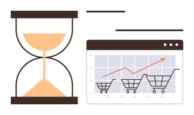 Yükselen eğilimleri gösteren alışveriş arabalarının olduğu dijital bir grafiğin yanında kum saati. İş, e-ticaret, çevrimiçi pazarlama, zaman verimliliği, büyüme, üretkenlik stratejileri, basit düz metafor