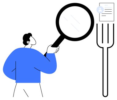 Bir çatala yerleştirilmiş bir belgeyi değerlendirmek için büyüteç kullanan kişi. İşe alım, analiz, değerlendirme, iş arama, insan kaynakları, teftiş ve karar verme için ideal. Basit düz metafor