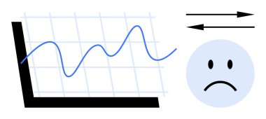 Ekonomik düşüş. Dalgalı bir grafik, üzgün bir yüz, ve oklar finansal çöküş ve etkisi. Finansal analiz, ekonomi, durgunluk, veri eğilimleri veya iş dünyasındaki kavramlara uygundur