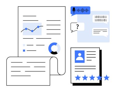 Çizelge ve bilgili kağıtlar, reytingli profil belgeleri, ikili kod ve ses tanıma simgeleri. Veri analizi, dijital güvenlik, yapay zeka, teknik incelemeler, bilişim işleri ve araştırma için ideal