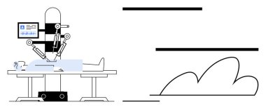 Robot kol, bilgisayarlı izleme altında yatan hastayı ameliyat eder. Sağlık, ameliyat, robot bilimi, yenilik, teknoloji, otomasyon, hassas bakım kavramları için idealdir. Basit düz metafor