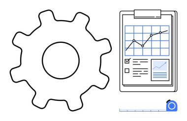Performans grafikleri ve ölçüm için bir cetvel içeren bir pano ile eşleştirilmiş dişli sembolü. Üretkenlik, iş akışı optimizasyonu, analiz, yönetim, mühendislik, strateji, takım çalışması için ideal