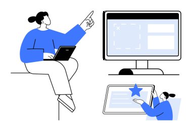 Ekranı gösteren bir dizüstü bilgisayar üzerinde çalışan, arayüz tasarımını izleyen, yıldız simgesi olan bir tablet. Yenilik için ideal, takım çalışması, üretkenlik, yönetim, yaratıcılık, teknoloji basit