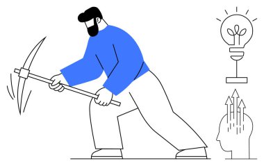 Maden konsepti. Bir adam yenilik sembollerinin yanında bir kazma kullanır. Ampulü ve yaratıcı beyin fırtınasını gizler. Madencilik fikirleri, yenilik ve yaratıcılık. Yenilik ve yaratıcılık için mükemmel.