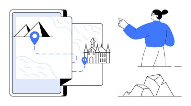 Dağ ve kale işaretli dijital harita, noktalı yol, işaret eden kişi, kayalar ve en küçük grafikler. Seyahat, macera, seyrüsefer, turizm, keşif güzergahı planlaması için ideal