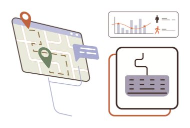 Konum pimleri ve yolları olan navigasyon haritası, kullanıcı analitiği ile grafik, klavye yönlendirme. Seyahat, teknoloji, analitik, lojistik, yön bulma ve karar verme için ideal. En düşük düz