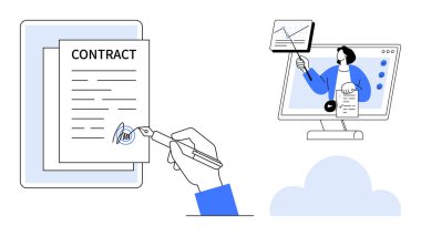 Kontrat imzası. Sözleşmeli iş akışları dijital imzaları ve sanal işbirliğini vurguluyor. Çevrimiçi iş için sözleşme yönetimi, uzak ekipler, güvenli belge işleme. dijitalleştirme
