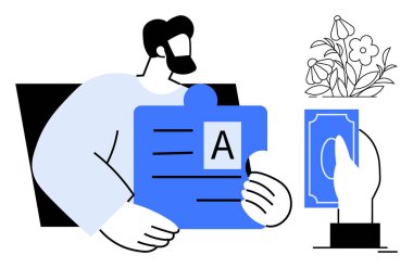 Elinde not kağıdıyla elinde çiçeklerin yanında hediye kartı sunan biri. Eğitim, ödüller, minnettarlık, takdir, motivasyon, takdir ve kutlama kavramları için idealdir. Basit.