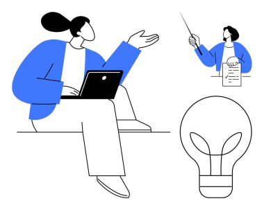 Tartışırken dizüstü hareketler üzerinde çalışan kişi bir belgeye işaret eder ve ampul yeniliği simgeler. İşbirliği, takım çalışması, öğrenme, strateji, fikirler ve teknoloji için ideal