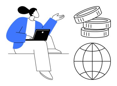 Dizüstü bilgisayarlı bir kadın, zenginliği temsil eden madeni paralar istifliyor, küresel ulaşımı simgeliyor. Ekonomi, teknoloji, finansal planlama, uzaktan çalışma, küreselleşme, dijital