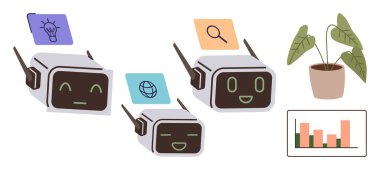 Fikirler, araştırma ve küresel bağlantı için ikonları olan robotlar. Bitki ve bar grafiği büyüme ve analiz gösteriyor. AI, teknoloji, takım çalışması, yenilik, sürdürülebilirlik eğitimi için ideal