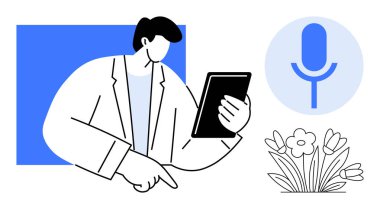 Bir tablet tutan ve mikrofon ikonu ve çiçekler teknoloji ve yaratıcılığı temsil ederken işaret eden kişi. Yenilik, iletişim, dijital eğilimler, büyüme, takım çalışması, tasarım, doğa için ideal