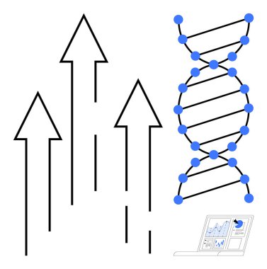 Yükselen oklar, DNA iplikleri ve dizüstü analitikleri yenilikleri, bilimsel araştırmaları ve ilerlemeyi vurguluyor. Biyoteknoloji, büyüme, veri analizi, araştırma sağlık genetiği için ideal