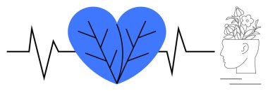 Kalp atışı, mavi bir kalbi damarlarla bağlar. İçinde çiçekler olan bir kafaya. Zihinsel gelişimi, duygusal sağlığı ve doğayı simgeler. Sağlık, denge, farkındalık, duygular, öz bakım, büyüme için ideal