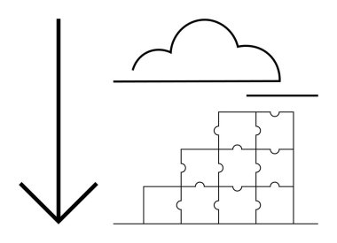 Bulut hesaplama konsepti. Bulmaca veri entegrasyonu yaparken internet depolama bulutu. İndirme oku veri transferlerini gösterir. Takım çalışması, depolama, bütünleşme, teknoloji yeniliği için ideal